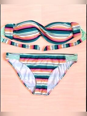 Hot Water Swim Stripped Multicolored Bandeau Bikini Set Women’s Size L
